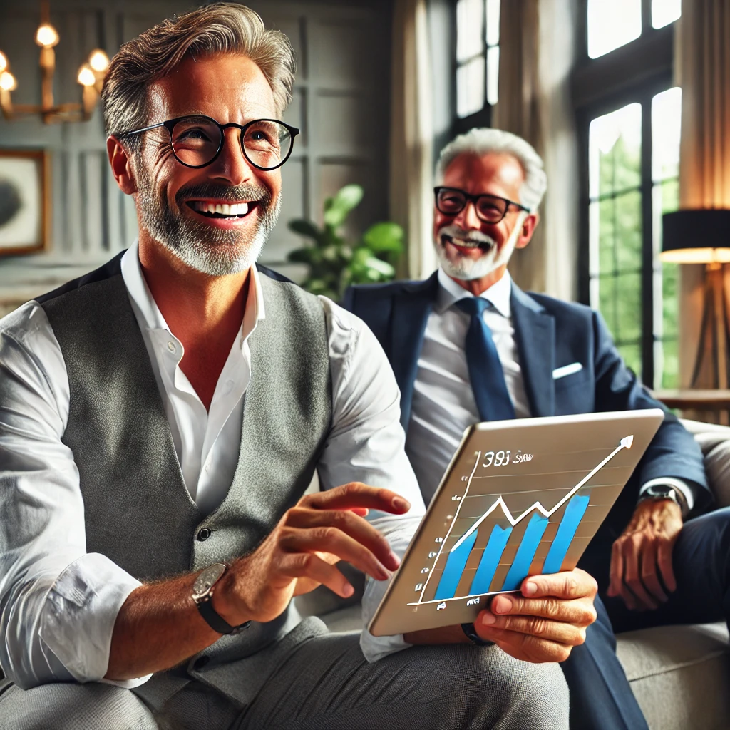 A high-net-worth retired individual, smiling with satisfaction as he reviews improved investment performance results, symbolizing fiduciary investment management success by Alpha Financial Nordic, trusted for wealth growth and superior financial advice.