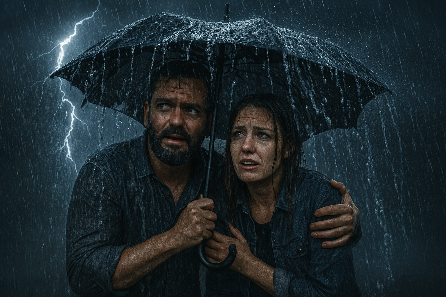 Couple trapped in a lightning storm with a broken umbrella, symbolizing poor financial protection without a fiduciary advisor