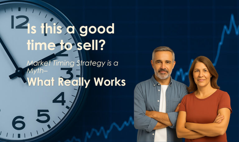 Confident couple in front of a stock market chart and clock representing the myth of market timing strategy
