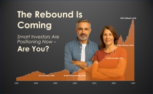 Middle-aged couple confidently standing in front of an S&P 500 chart showing market rebound and downturns with the text 'The Rebound Is Coming – Are You Positioned to Benefit?'